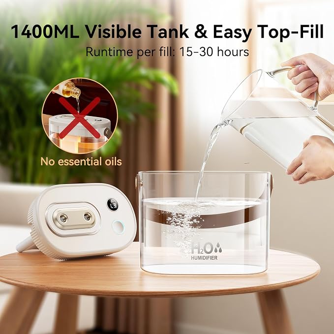 DIGIX Rechargeable Portable Humidifier-Smart Display,Night Light,Easy Clean,1.4L Small Humidifiers for Bedroom Baby, Personal Mini Humidifier for Travel Home Plants,3 Mist Modes, Auto Shut-Off (White)