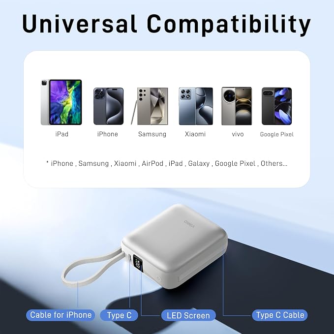 VINKO Small Portable Charger, 22.5W Fast Charging Mini Power Bank 10000mAh with Built-in Cables, Travel Essential USB-C Battery Pack Compatible with iPhone 17/16/15, Samsung S25/24, Android (White)