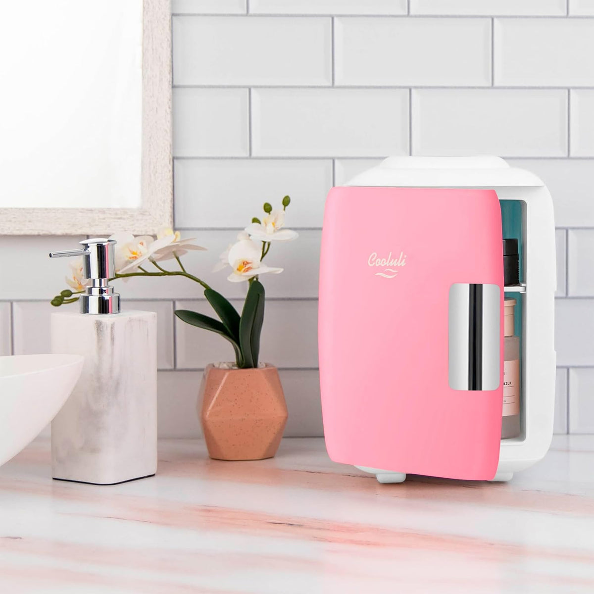 Cooluli Mini Fridge for Bedroom - Car, Office Desk & Dorm Room - Portable 4L/6 Can Electric Plug In Cooler & Warmer for Food, Drinks, Skincare Beauty & Makeup - 12v AC/DC & Exclusive USB Option, Pink