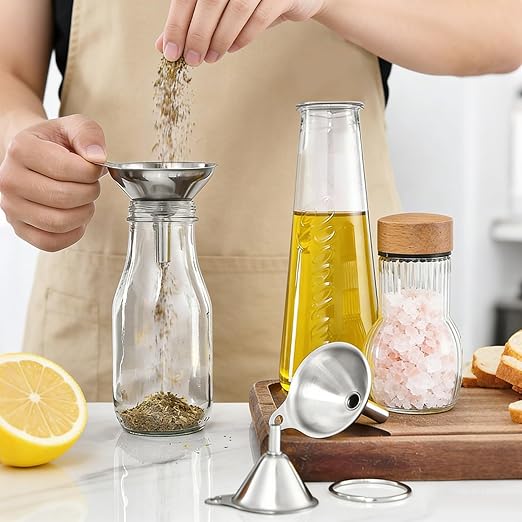 Small Funnels for Filling Bottles, 3 Pcs Stainless Steel Kitchen Funnel Set, Food Grade Mini Metal Funnel for Transferring Oil Liquid, Easy Cleaning with a Brush (Short Handle)