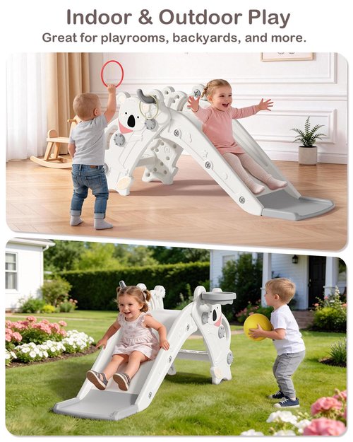Babytronic Toddler Slide - 4-in-1 Indoor & Outdoor Playground with Climber, Basketball Hoop & Ring Toss | Cream & Gray