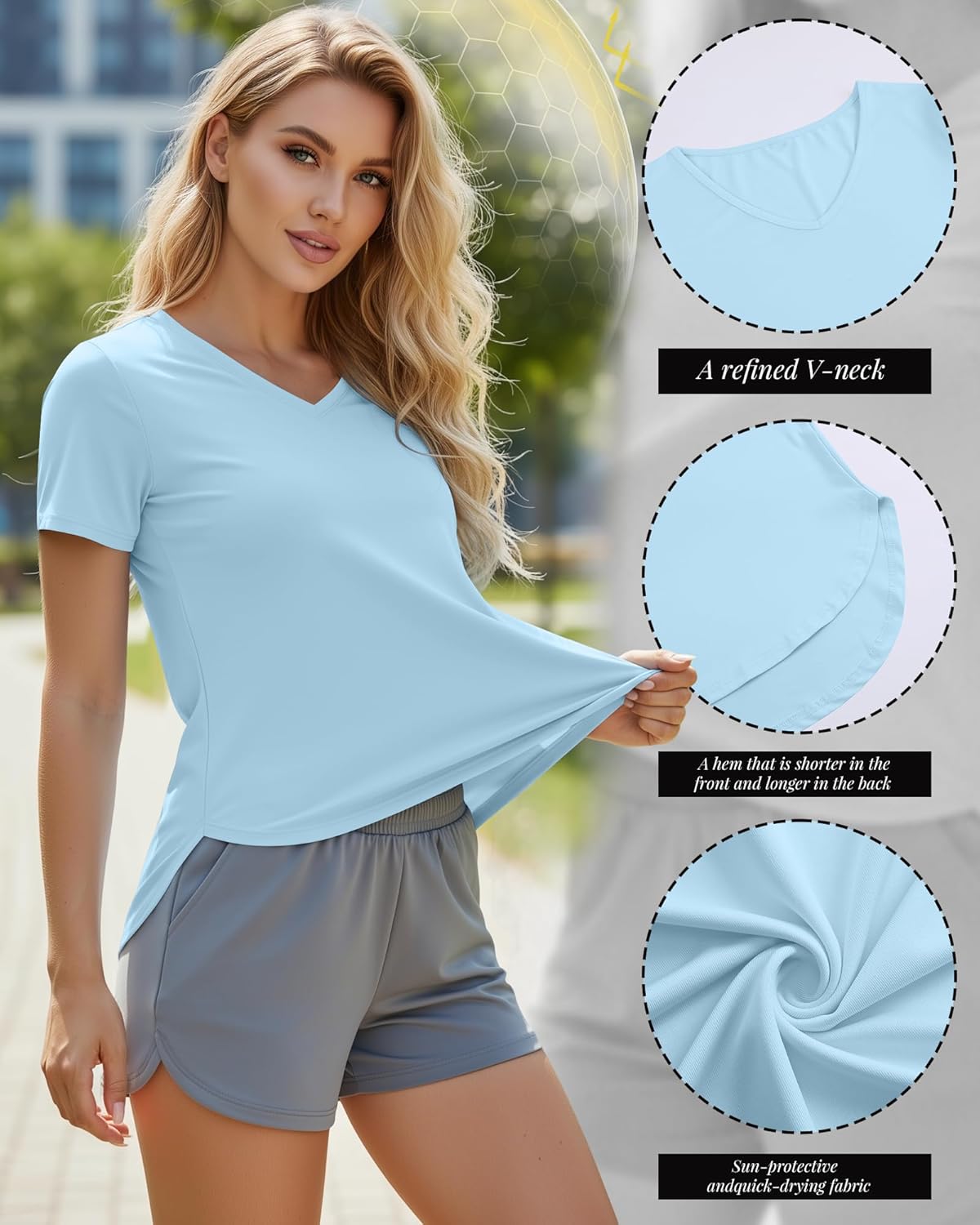 Oakgarden Women's Workout Tops - Quick Dry UPF 50+ V Neck Gym Shirts | 4 Pack, Lightweight with Side Slits