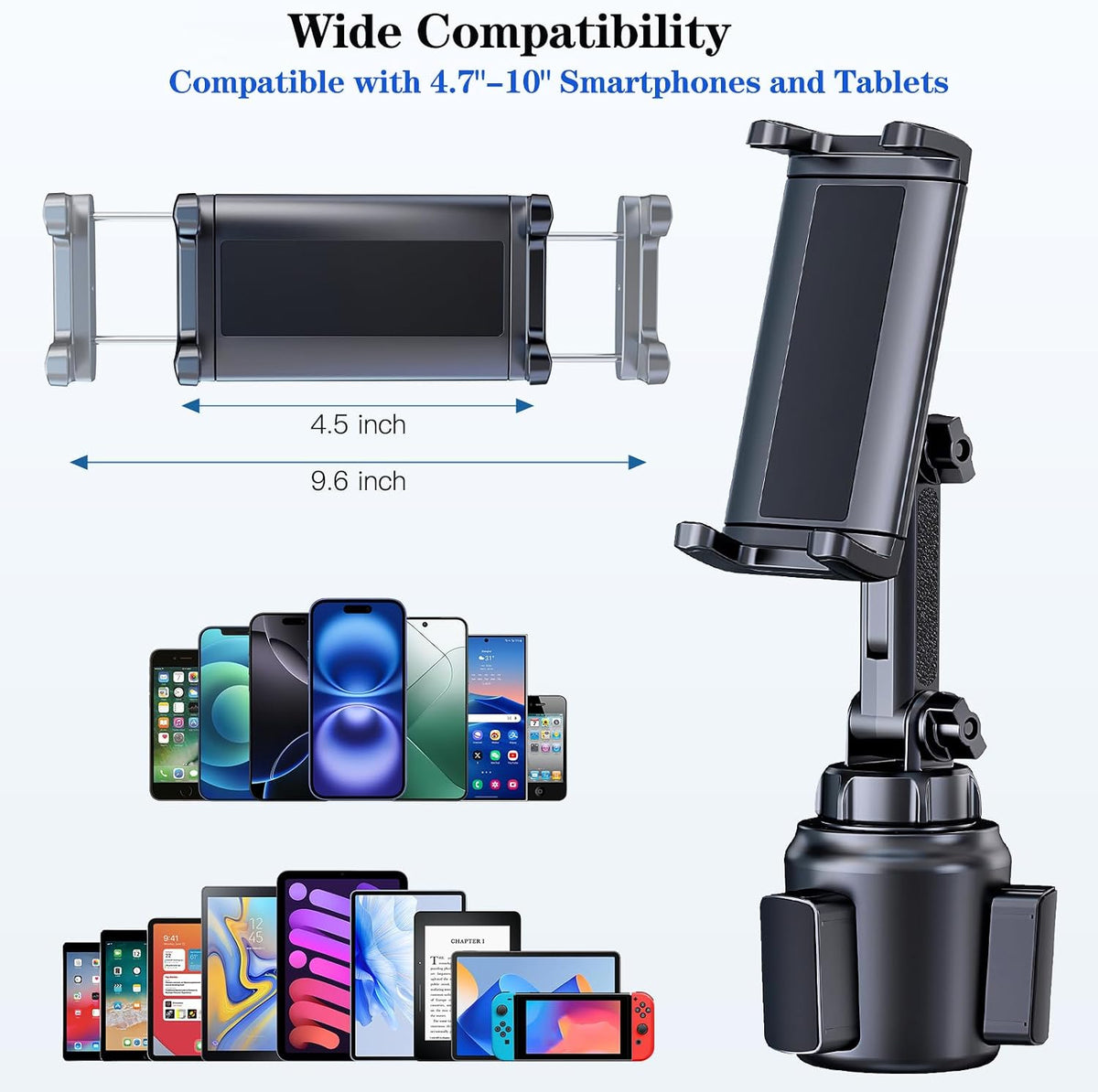 Cup Holder Phone Tablet Mount for Car,Truck,360° Rotatable & Adjustable Arm Compatible with iPad iPhone Samsung Tab Kindle Fire HD Smartphones and Other 4.7-10" Devices