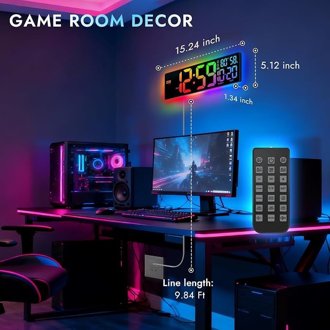 16.5" Large Digital Wall Clock: 13 RGB Night Lights Giant LED Display