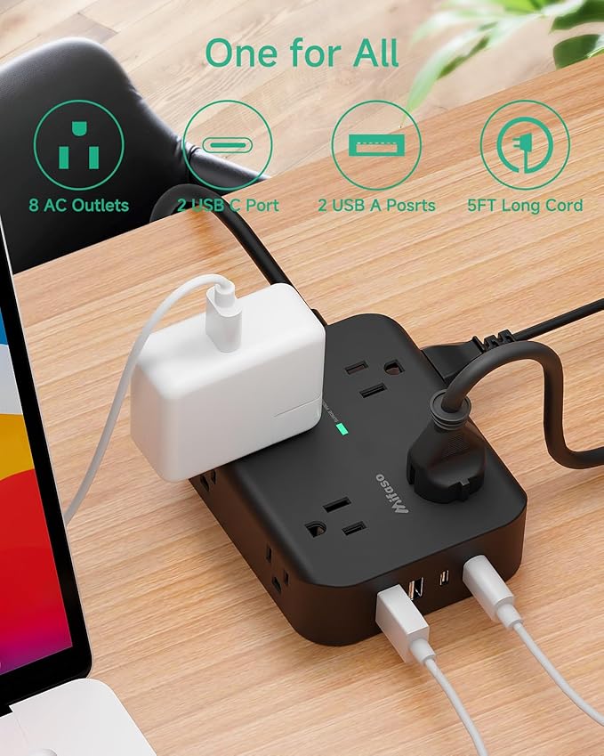 25FT Extension Cord - 8 Outlets Surge Protector Power Strip with USB Ports, Heavy-Duty Braided Extension Cord with Multiple Outlets, Flat Plug, Circuit Breaker, Charging Station Overload Protection