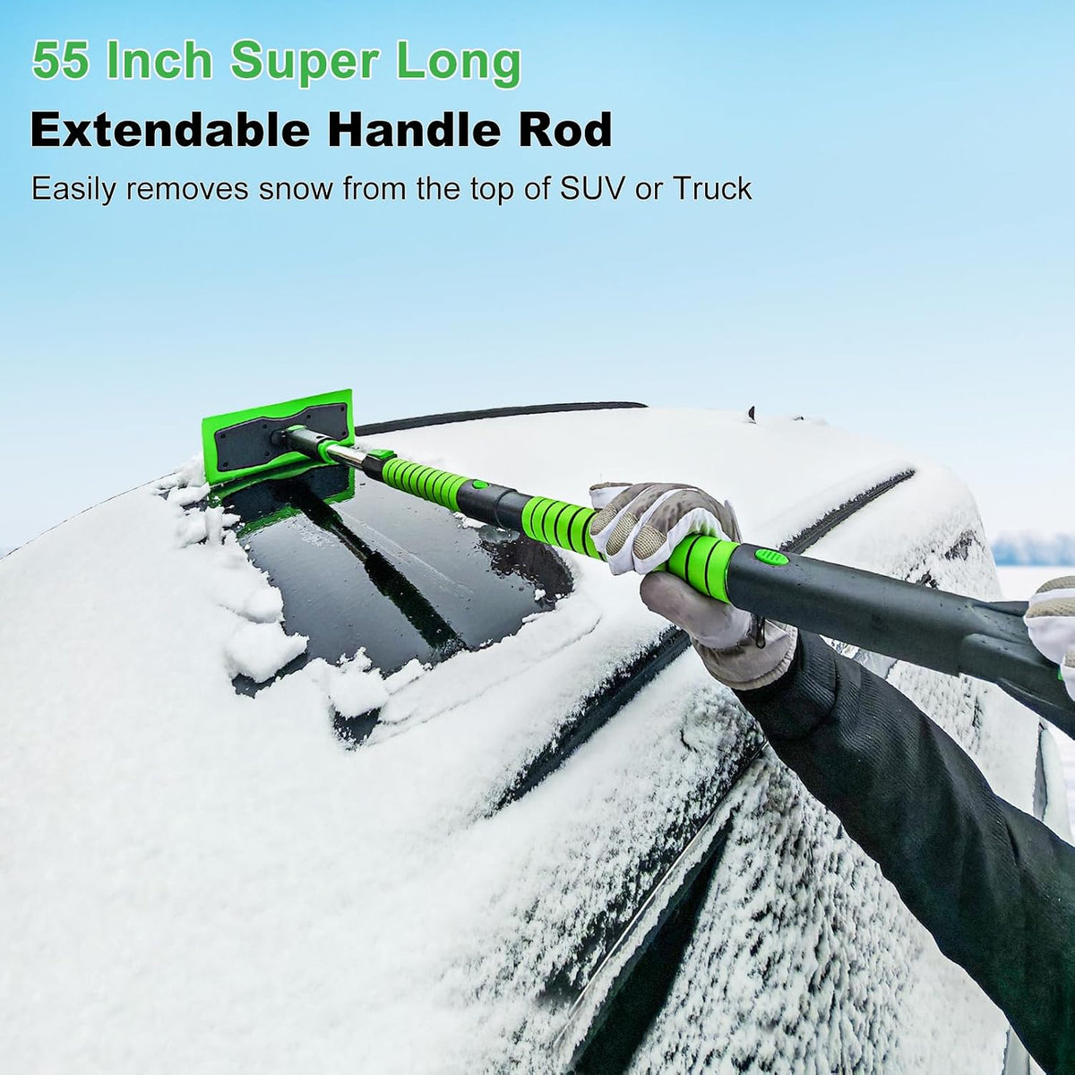 SEAAES 55 Inch Snow Broom and Ice Scraper for Windshield, Extendable Snow Brush with Foam Grip, Snow Ice Removal for SUV Truck Window