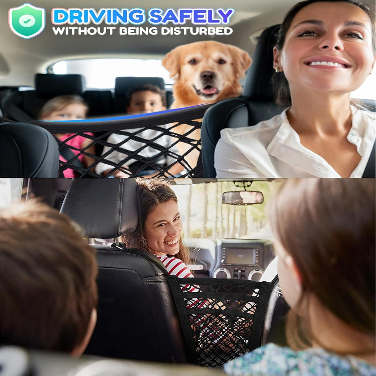 DYKESON Pet Barrier Dog Car Net Barrier with Car Mesh Organizer Baby Stretchable Storage Bag Universal for Cars, SUVs -Easy Install,Safer to Drive with Pets and Children, 3 Layer S