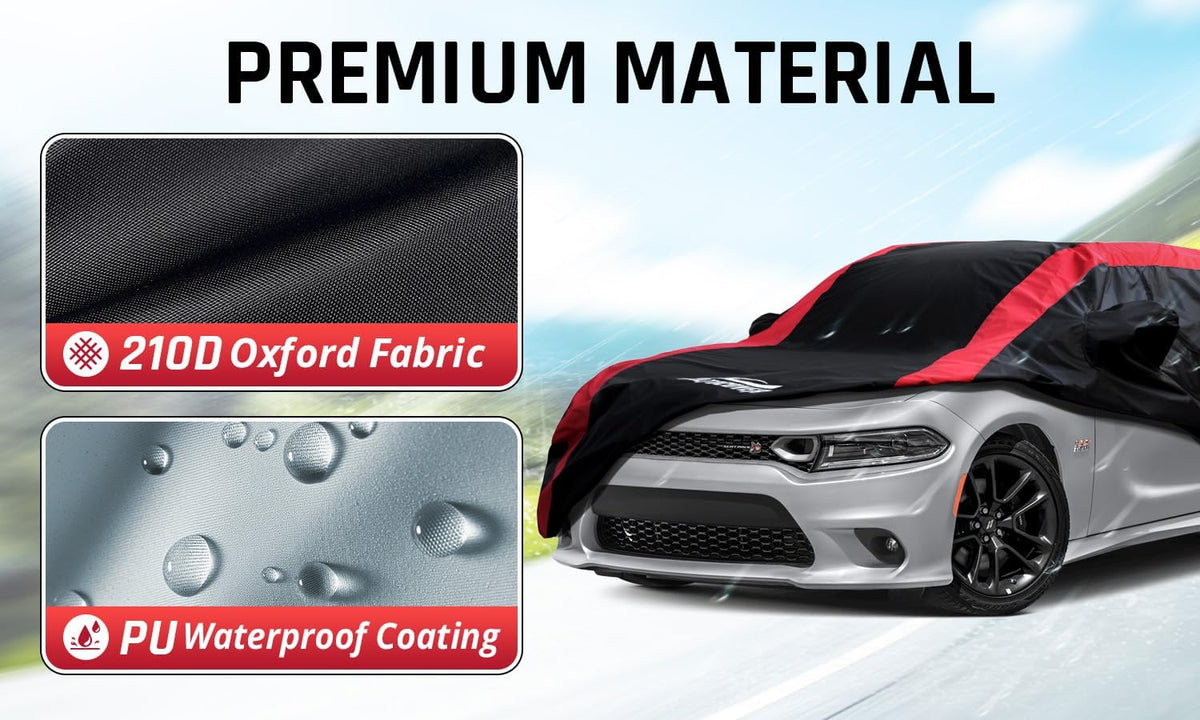 Dodge Charger Car Cover Waterproof All Weather with Red Strip Design, Custom Fit for Dodge Charger 2006–2023, Charger Accessory with Door Zipper & Windproof Straps