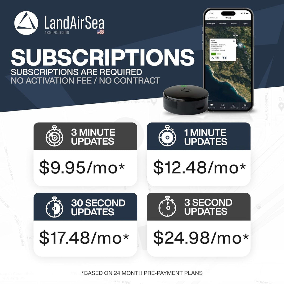 LandAirSea 54 GPS Tracker (Premium Edition) - Long Battery, Magnetic, & Waterproof. Global GPS Tracker for Vehicles. Made in The USA from Domestic & Imported Parts. Subscription is Required.