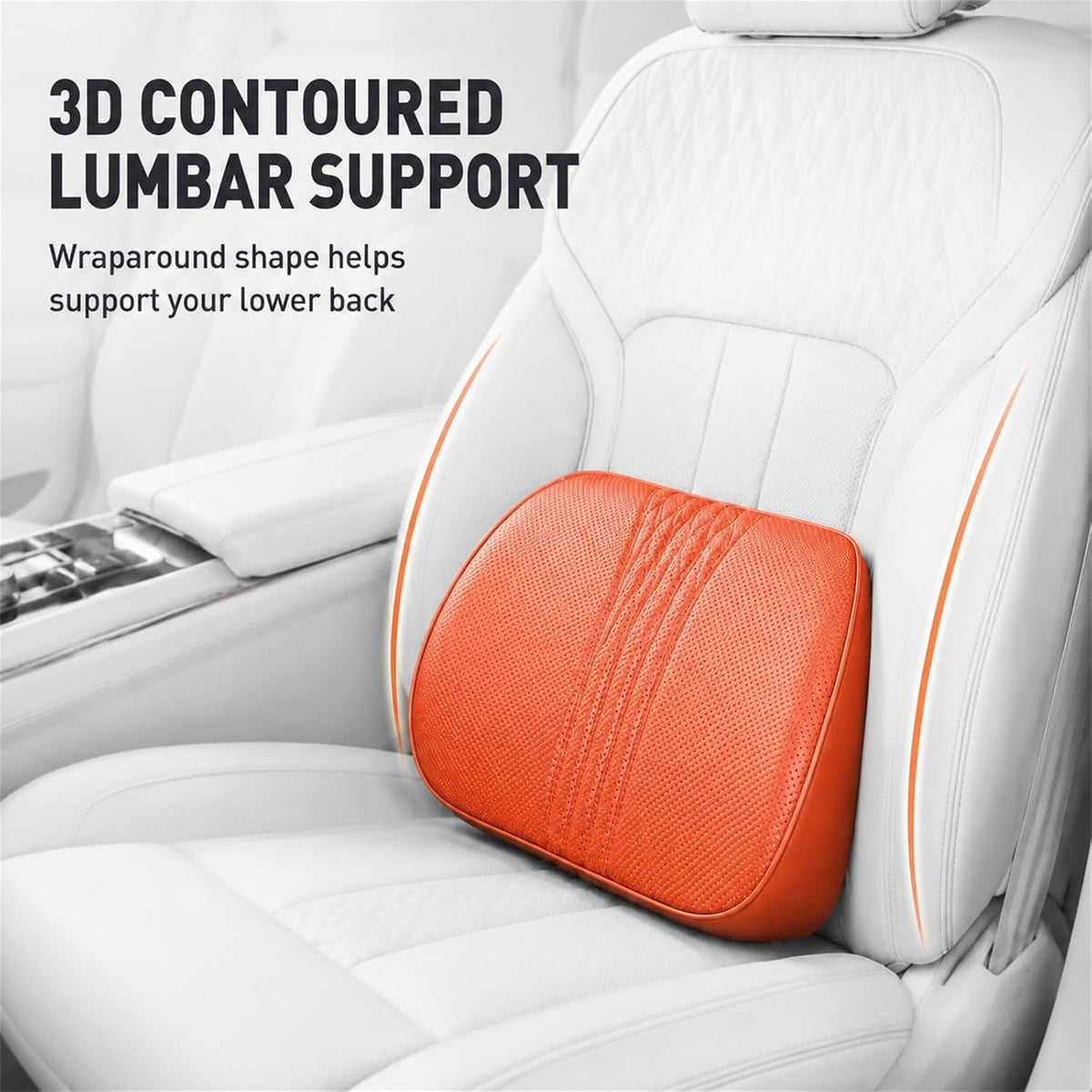 Universal Memory Foam Car Headrest Neck Pillow and Lumbar Support Pillow Set Ergonomic 2 Piece Car Seat Back Cushion with Breathable PU Leather Adjustable Straps for Driving SUVs Trucks，Orange
