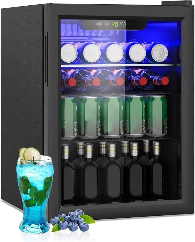 Compact 95 Can/2.6Cu.Ft Mini Fridge, Reversible Glass Front Door | For Soda, Beer or Wine, Portable Small Beverage Refrigerator with Digital Display & Removable Shelves for Office, Dorm, Bar