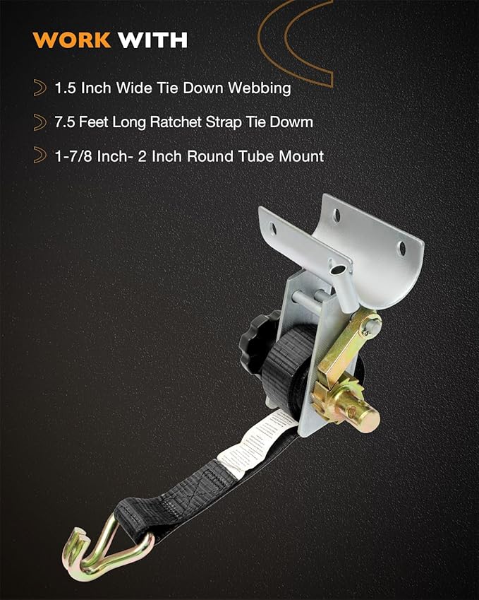 Ladder Rack Ratchet Straps, W/J-Hook (2PCS), 2" Silver Round Tube Mount, 1.5" Wide x 7.5' Long, Black Truck Rack Straps, 500 lbs Load Heavy Duty, Lumber Rack Ratchet Straps, Pipe/Roof Rack Straps