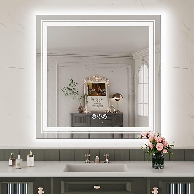 WTTY LED Bathroom Mirror 36"x36" with Backlit and Front Light,Stepless Dimmable LED Mirror for Bathroom,Anti-Fog Lighted Bathroom Vanity Mirror Modern,Memory Function,Shatter-Proof