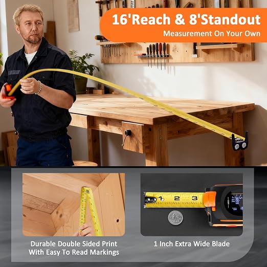 3-in-1 Laser Tape Measure, 197ft Laser Distance Meter, 16ft Digital Tape Measure