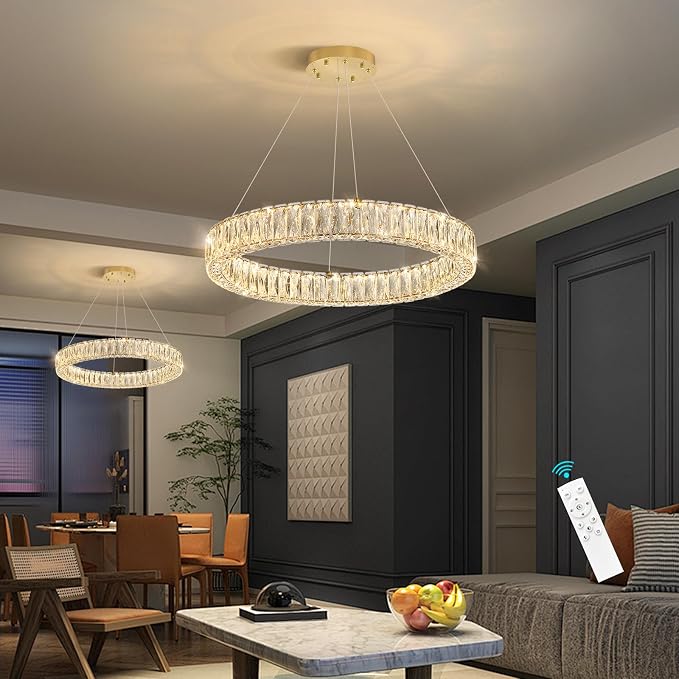 HAIXIANG Modern Crystal Chandelier Dimmable LED Ring Pendant Lights Adjustable