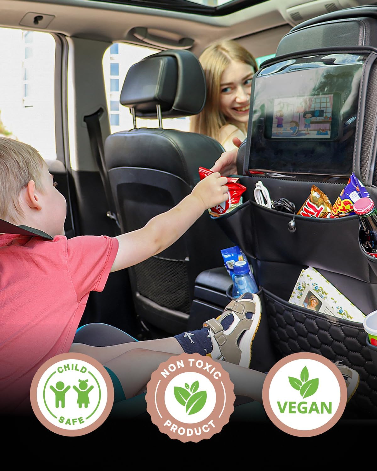 Owleys Back Seat Organizer for Kids with Tablet Holder, 8 Pockets, Black