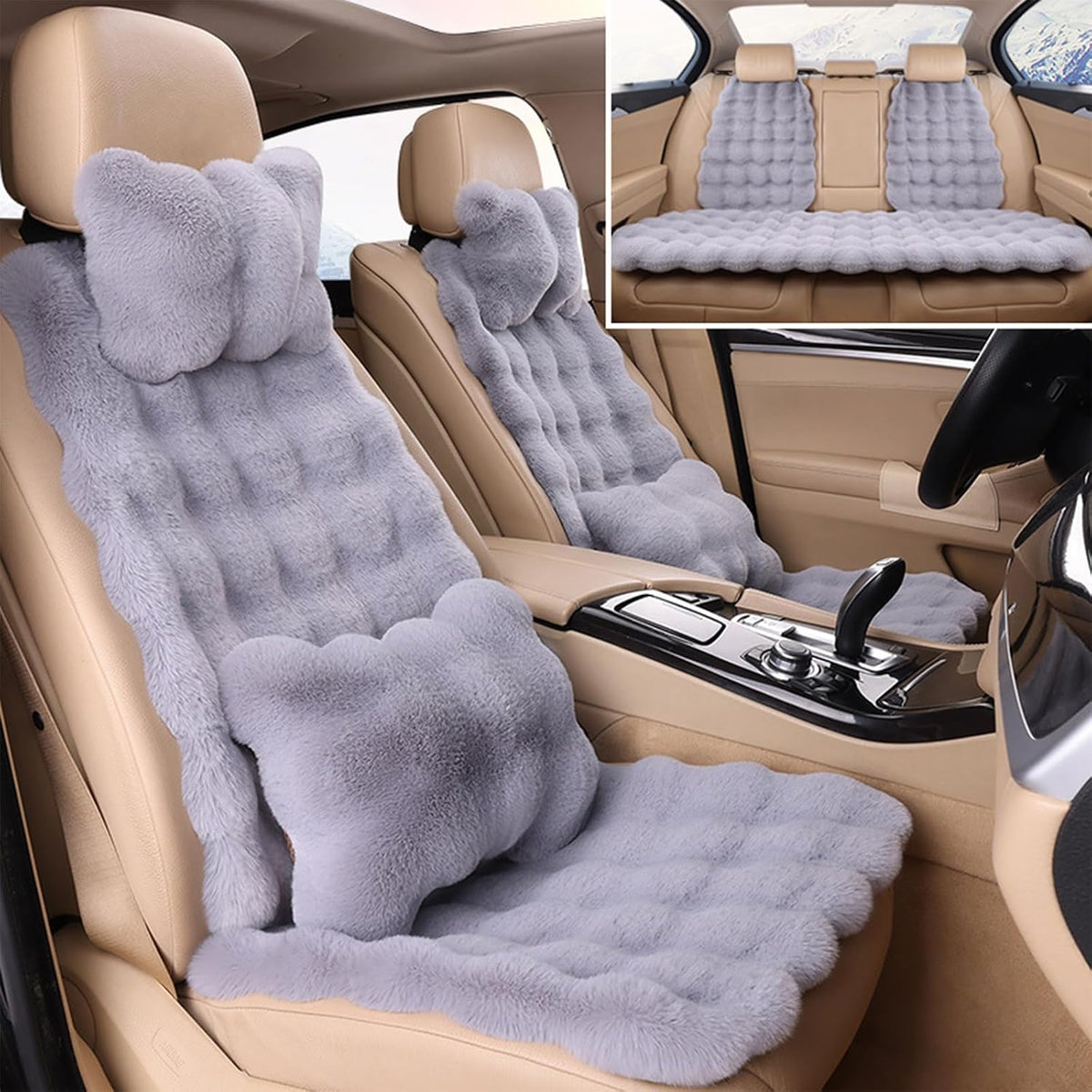 Luxury Thickened Plush Car Seat Cushion Set,Soft Fluffy Protector Warm Faux Rabbit Fur Non-Slip Front and Back Seat Covers (Green,6pcs)
