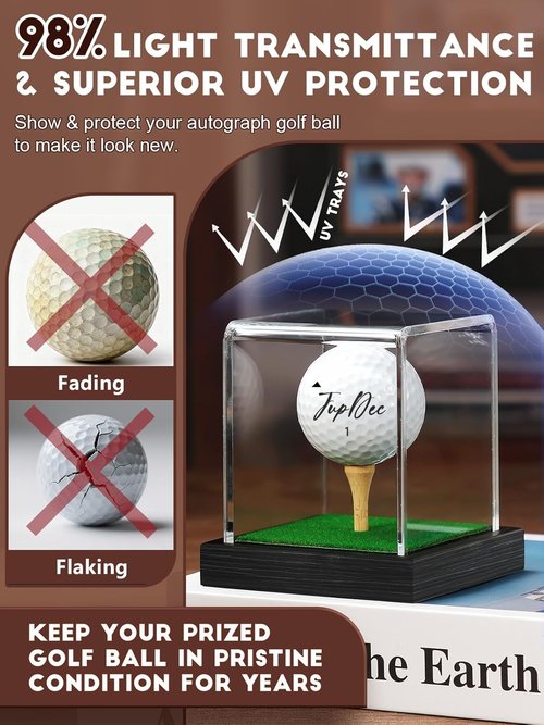 JupDec Golf Ball Display Case - Clear Acrylic Holder with Wood Base & Dust Protection | Black, 1 Pack