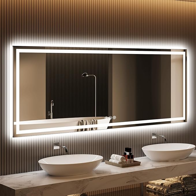 LED Bathroom Mirror 28x60 Inch Anti-Fog Bathroom Mirror with Lights, Wall Mounted Lighted Vanity Mirrors, Dimmable, Backlit + Front Lit, Smart Bathroom Vanity Mirror with 3 Colors Temperature
