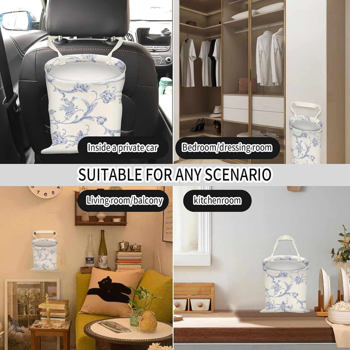 Car Trash Can, Hanging Garbage Bin for Men and Women, Cute Car Organizer and Storage Bag, Canvas Vehicle Trash Can Bag Easy-to-Install Cute Blue Floral