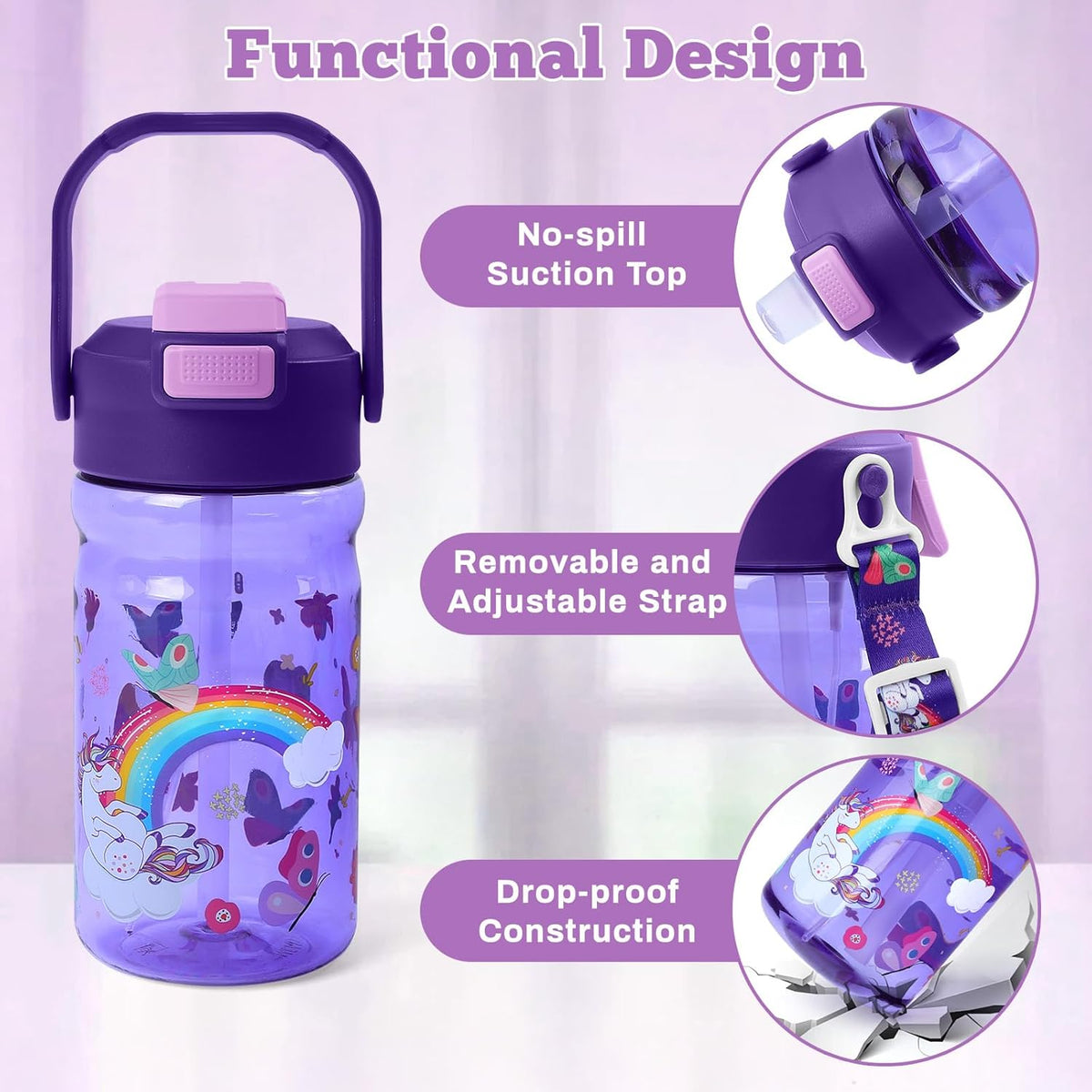 Skiennix 20oz Kids Water Bottle - Leak-Proof Design with Straw, Pop-Up Spout & Detachable Strap - Unicorn