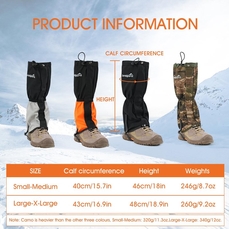 Waterproof Leg Gaiters for Men and Women Adjustable Snow Boot Gaiters for Hiking in Hunting Sand and Mud Mountain Climbing or Snowshoeing (Black L)