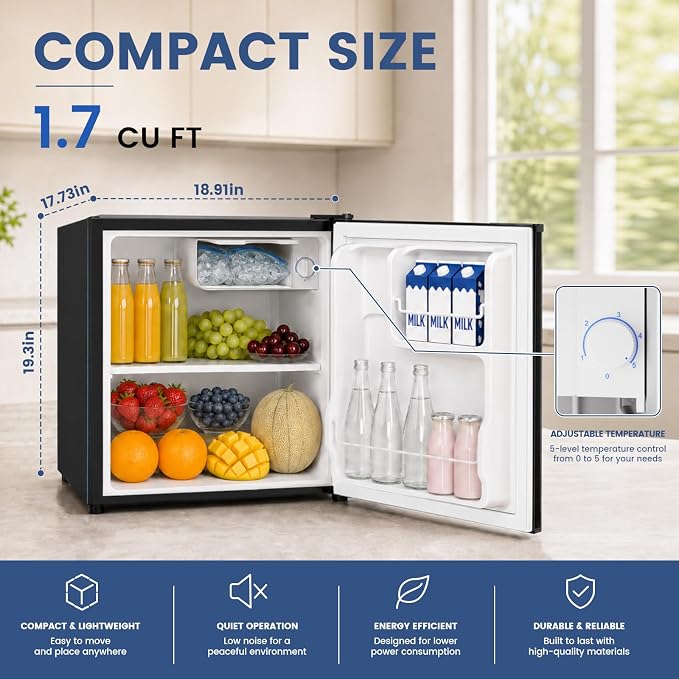 1.7 Cu.Ft Mini Fridge with Freezer for Dorm Office,Black | Compact Refrigerator Office, Energy Saving Small Fridge Reversible Single Door, Low Noise for Bedroom Small Apartment