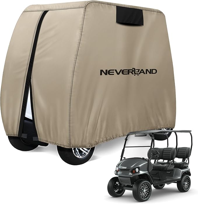 NEVERLAND Golf Cart Cover 4 Passenger - Waterproof Golf Cart Covers - Fits for Yamaha Golf Carts EZ GO Club Car - Outdoor Windproof Sunproof (Light Tan, Fit for 2+2/4 Passenger Cart)