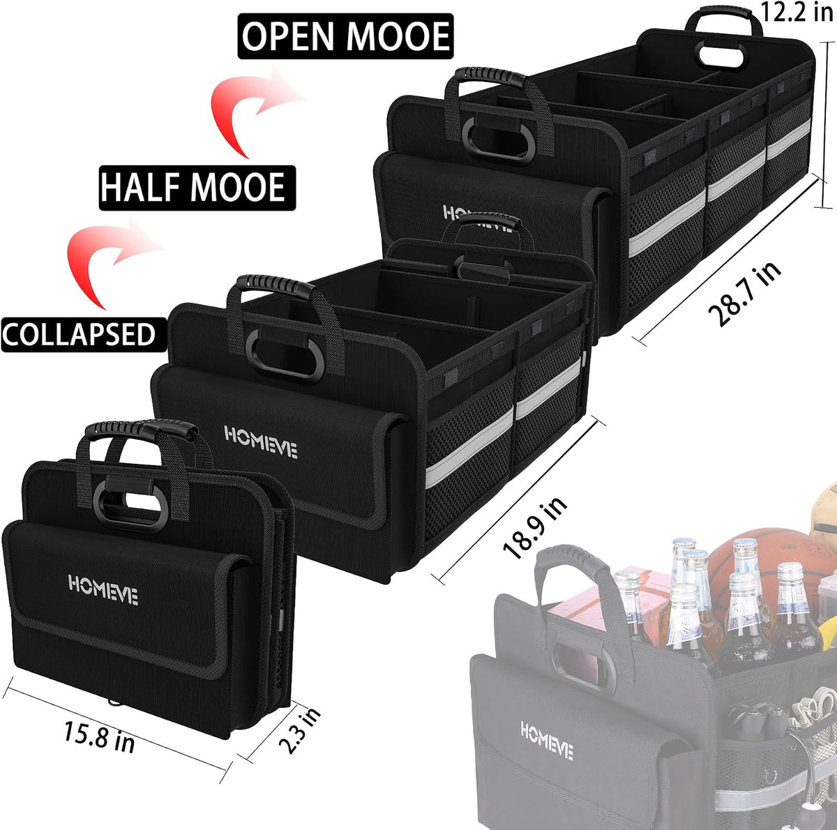 Homeve Trunk Organizer, Car Storage, Reinforced Handles, Collapsible Multi-Compartment, Foldable, Waterproof, Sturdy, 600D Oxford Polyester For Car, SUV, Mini-Van, Black, 3 Compart