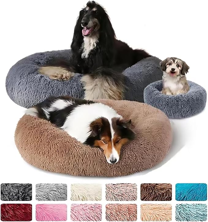 Calming Dog Bed for Small Dogs, Calming Donut Cuddler Pet Bed Anti Anxiety Round Dog Bed Fluffy Plush Faux Fur Cat Bed,Wine red,23.6IN