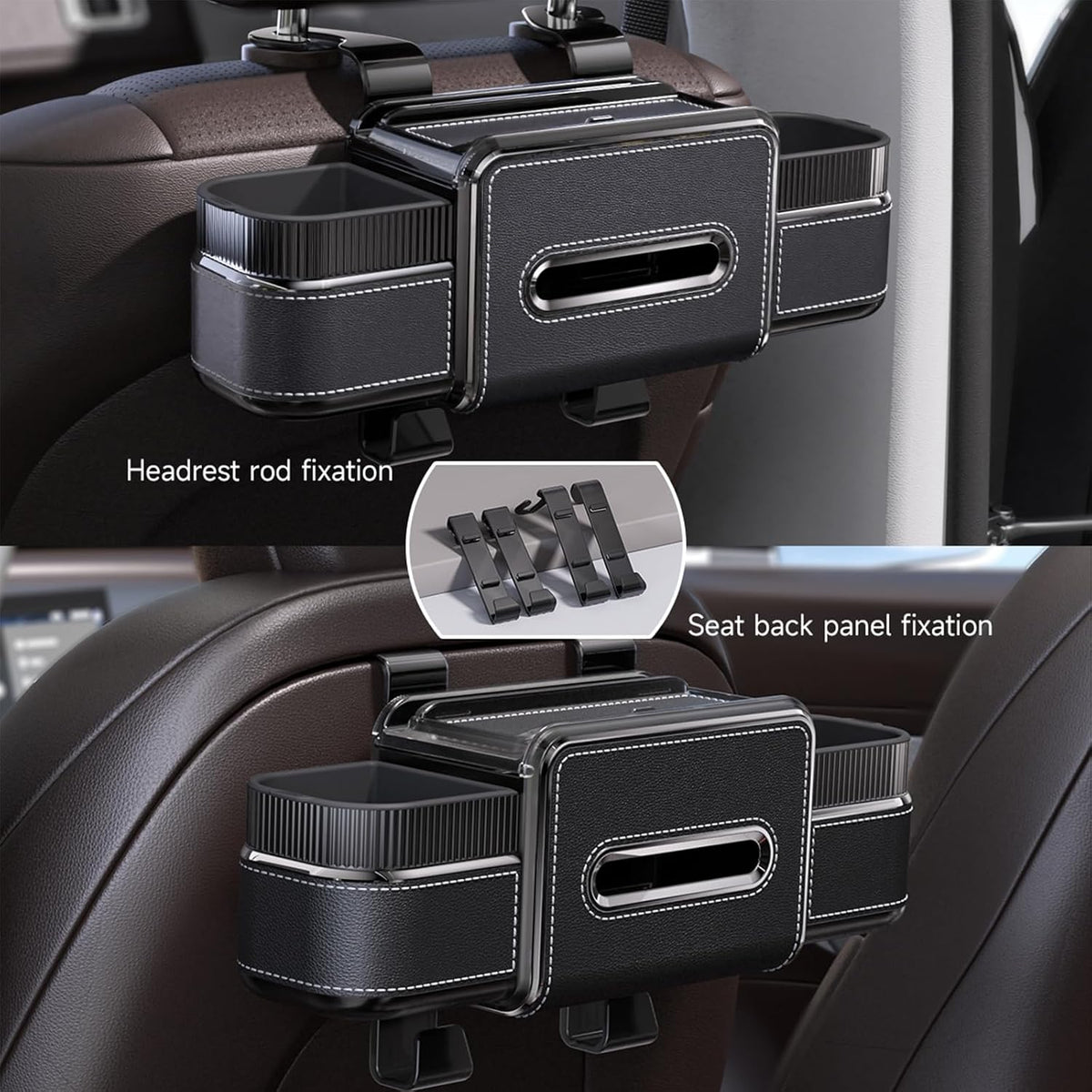 Multifunctional Car Seat Back Organizer Box with Drink Cup Holder, Makeup Mirror, Tissue Box& Hooks for Car Seat Back, New Upgrade Car Headrest Backseat Organizer Suitability for Wife, Girlfriend