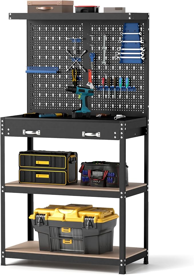 Goplus Workbench, Work Table with Drawer, Pegboard, Hanging Accessories, Topping Space, 4-Tier Heavy Duty Metal Tool Storage Bench, Work Benches for Garage, Workshop (Blue, 32" x 16" with Drawer)