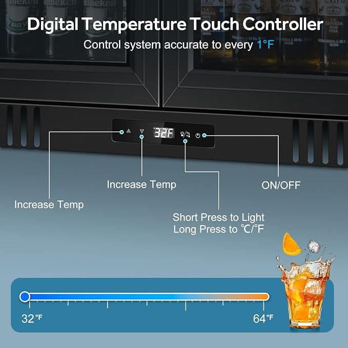 Back Bar Cooler 2 Door 216 Can Black | built-in/free, fast cool, temp memory, 2 locks, LED, low-e glass