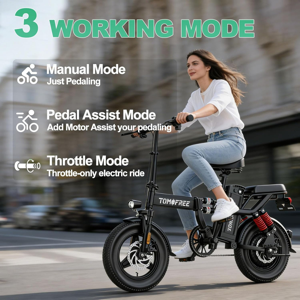 Tomofree Folding Electric Bike - 750W Peak Power, 20-24MPH, 48V 20AH Battery, 14" Fat Tires | 35-75 Miles Range