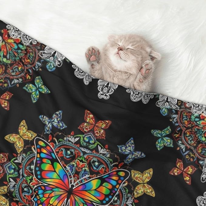 Double Sided Plush Pet Blanket with Cozy Dot Texture and Smooth Reverse, Butterflies Mandala Rainbow Art Black and White, Reversible Throw for Dogs Cats on Couches Beds Crates