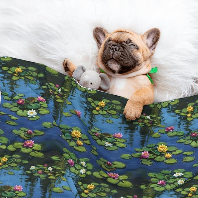 Two Sided Plush Pet Blanket for Crates Carriers Home Use, Water Lilies Monet Painting, Reversible Throw with Cozy Dot Fabric and Silky Reverse for Small Large Pets