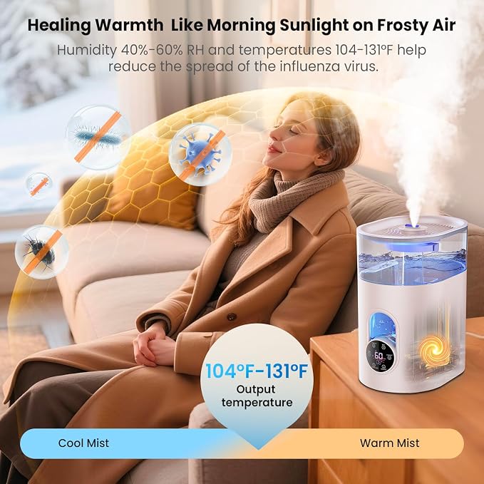 Humidifiers for Bedroom Large Room Home - GloryAir 6L Quiet Top Fill Cool & Warm Mist Humidifier with Smart Humidity Control, Remote Control, 7-Color Light, Humidistat, Oil Diffuser