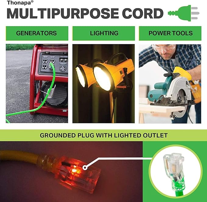 Thonapa 12 Gauge Extension Cord 10 ft for Outdoor - 12/3 Heavy Duty Extension Cord 10 Foot 3 Prong Grounded Plug 15 Amp, Neon Green High Visibility Electric Cable Great for Major Appliances