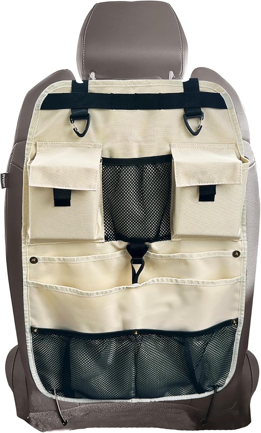 Car Seat Back Organizer with Multiple Storage Pockets, Black Mesh and Fabric, Universal Fit (beige)