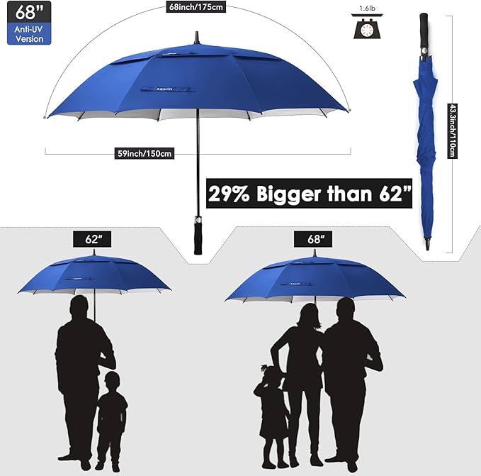 ZEKAR 54/62/68 inch Windproof Large Vented UV Protection and Classic Pongee Fabric Golf Umbrella, Double Canopy Rain Sun Oversized Stick Umbrellas Women Men