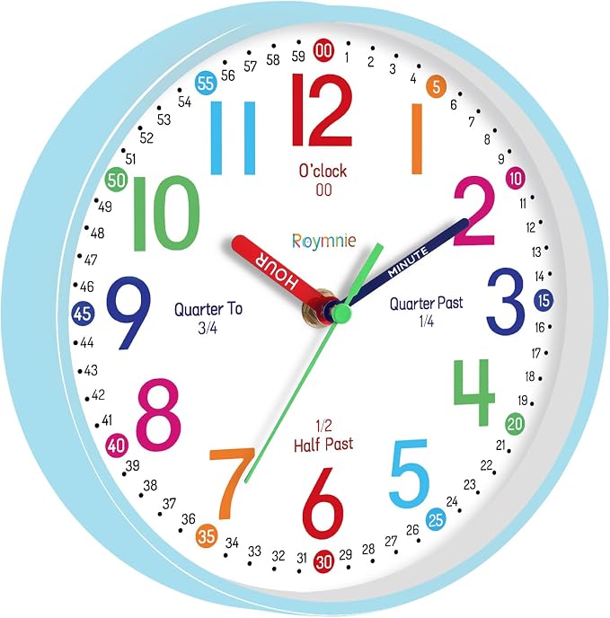 Roymnie Wall Clock 8 Inch for Kids Learning to Tell Time Easily Non Ticking