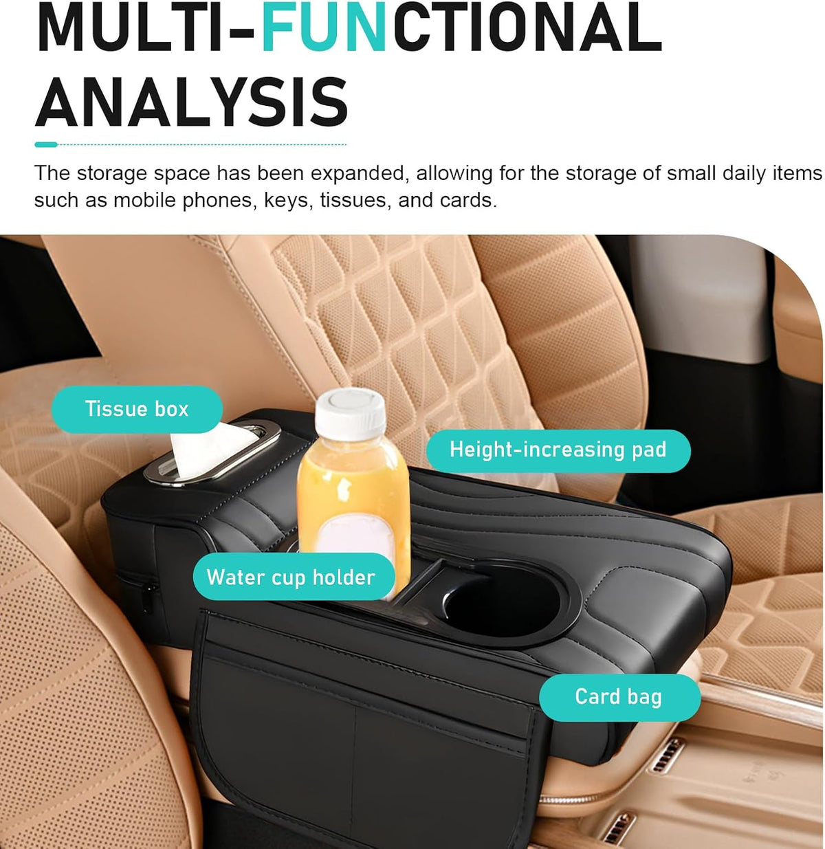 Car Center Console Cover, Microfiber Leather Car Armrest Cover, Multifunctional Armrest Storage Box with 2 Storage Bags, Cup Holders, Tissue Box Slot, Universal for Most Cars (Black)