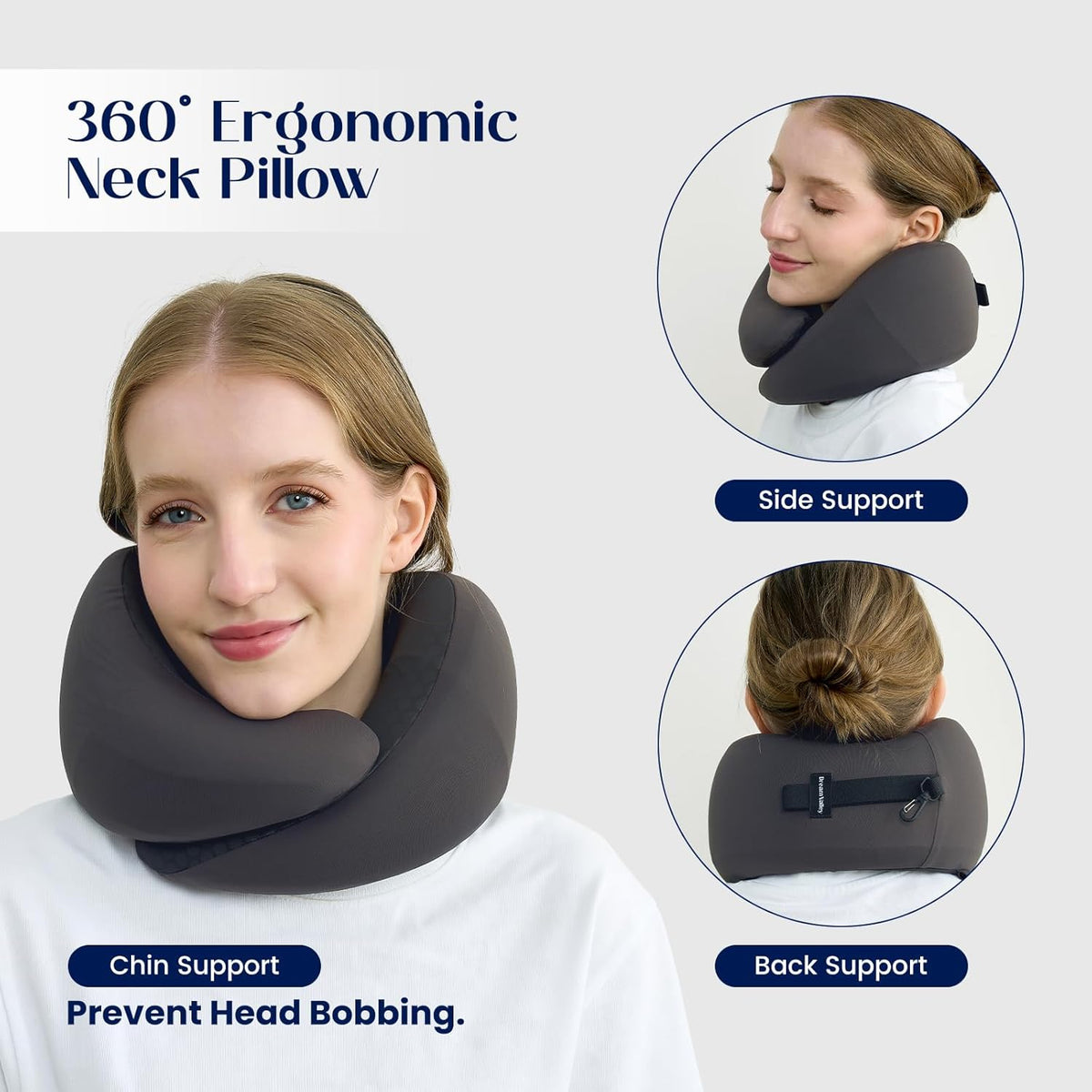 Dream Valley® Neck Travel Pillow, Memory Foam Travel Pillow for Airplane, Portable Roll-Up Neck Pillow with Cooling Inner Fabric, 360° Ergonomic Support, No Head Bobbing, Charcoal Gray