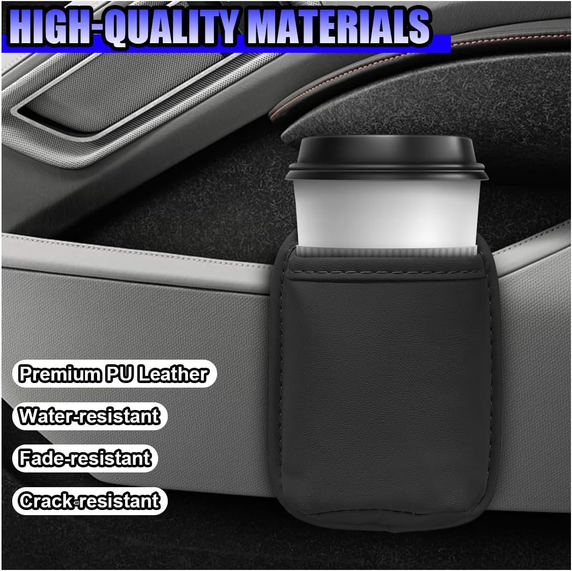 2PCS Large Cup Holder for Car Door - Clip On Vehicle Hanging Water Bottle Drink Holder Car Back Seat Pocket - Scratch-Resistant PU Leather Beverage Storage Organizer for Cars Trucks (Black)