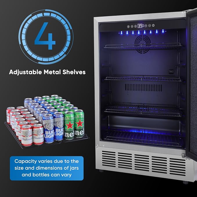 24 Inch Outdoor Beverage Refrigerator, Stainless Steel Outdoor Fridge 180 Can Under Counter Built-in/Freestanding, Waterproof, Fast Cooling, Low Noise - Outdoor Refrigerator for Home and Patio