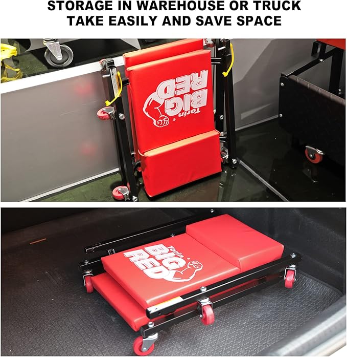 BIG RED 2-Piece Rolling Garage/Shop Creeper: 36" Padded Mechanic Cart with Headrest and 6 Casters, Red