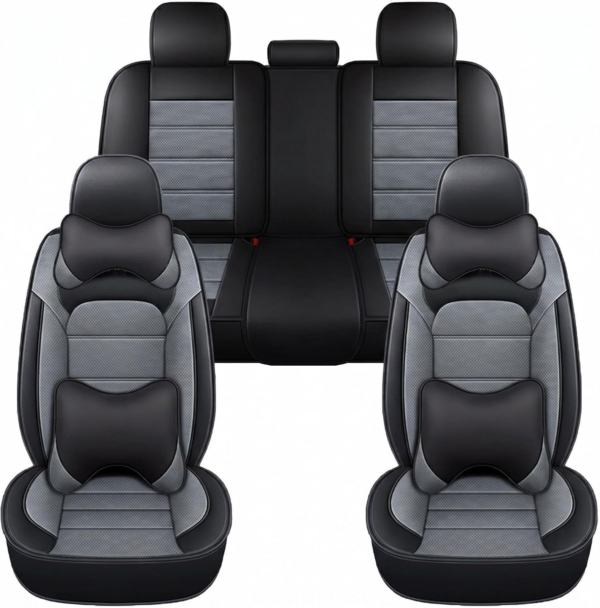 YQ FU Leather Seat Covers Black Gray Full Set w/ 2 Pillows Universal 2 Row