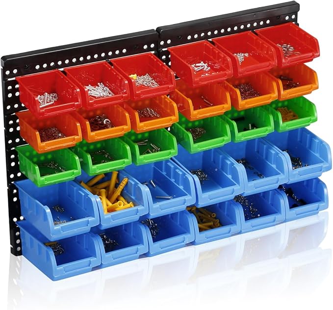 Wall Mounted Storage Bins Parts Rack 4 Colors Garage Plastic Shop Tool Organizer, ABS Plastic Garage Rack, Screw Storage 120 Bins