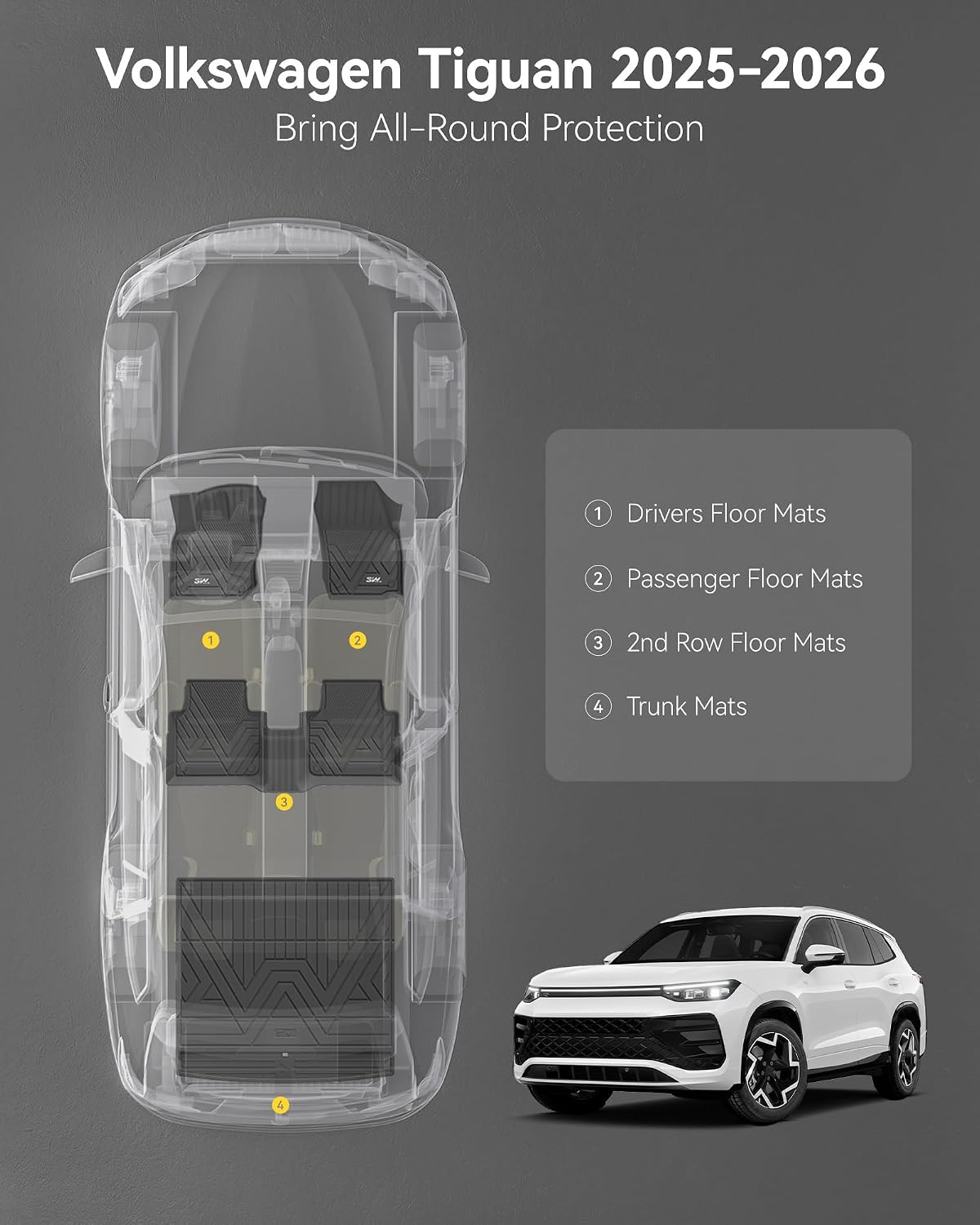 3W Floor Mats & Cargo Liner for Volkswagen Tiguan 2025 2026, All-Weather Protection TPE Car Mats 2 Rows Full Set for VW Tiguan Accessories, Black
