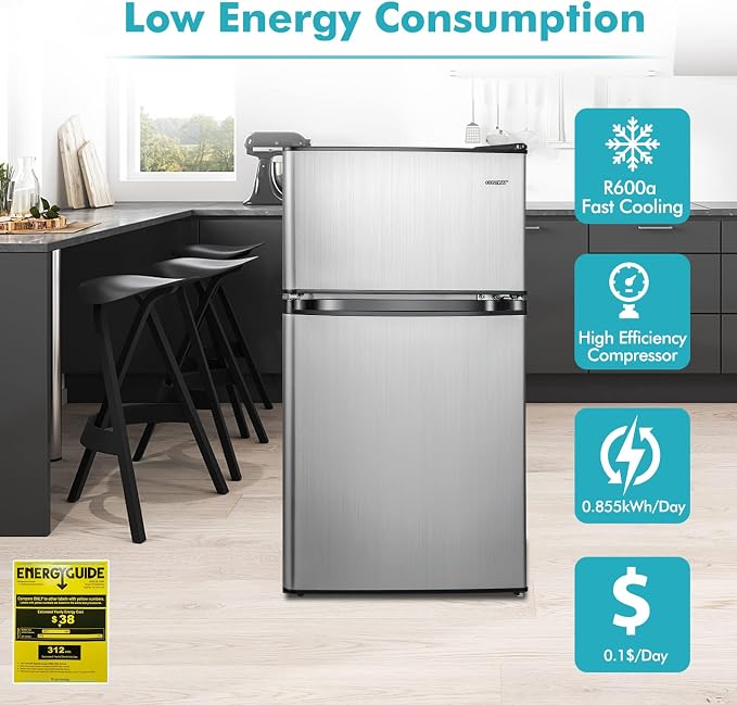 COSTWAY 3.2 Cu.Ft. Mini Fridge with Freezer, 2 Door for Office Bedroom Dorm | Compact Small Refrigerator with Reversible 2 Door, Adjustable Thermostat, Removable Glass Shelves for Food & Drink, Silver